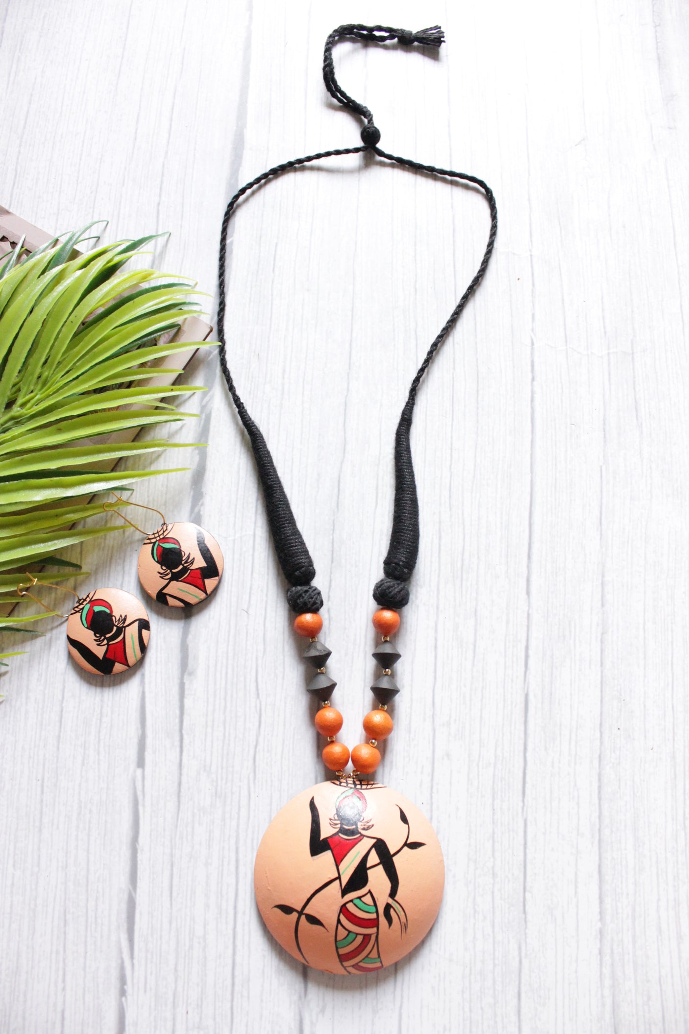 Peach Terracotta Clay Pendant Tribal Woman Printed Adjustable Closure Necklace Set