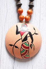 Peach Terracotta Clay Pendant Tribal Woman Printed Adjustable Closure Necklace Set