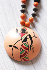 Peach Terracotta Clay Pendant Tribal Woman Printed Adjustable Closure Necklace Set