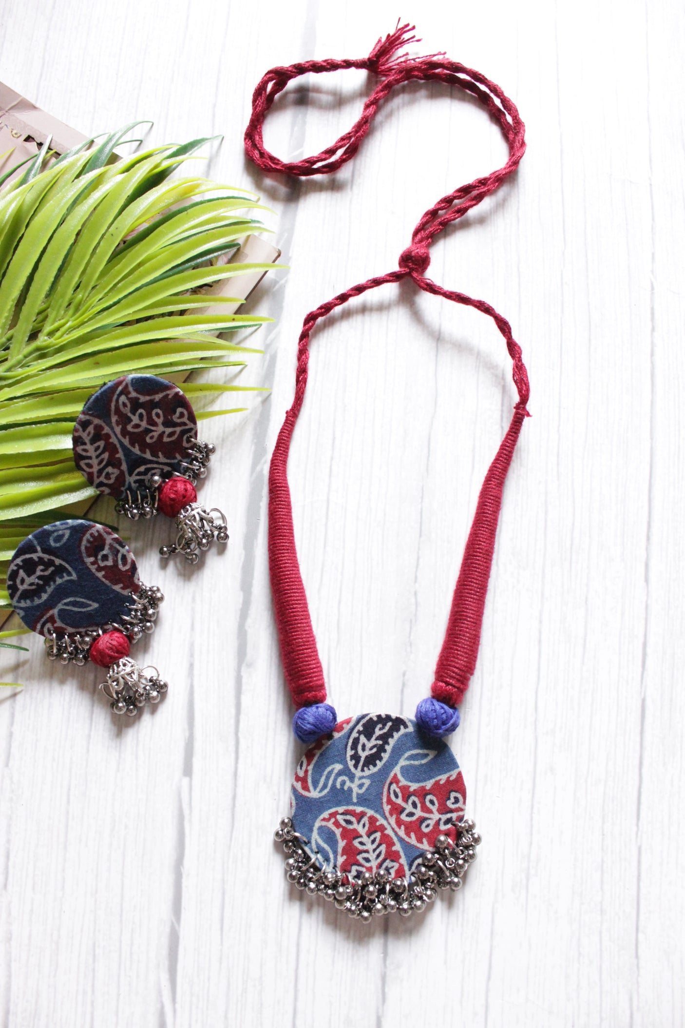 Indigo and Maroon Block Printed Fabric and Metal Ghungroos Adjustable Closure Necklace Set