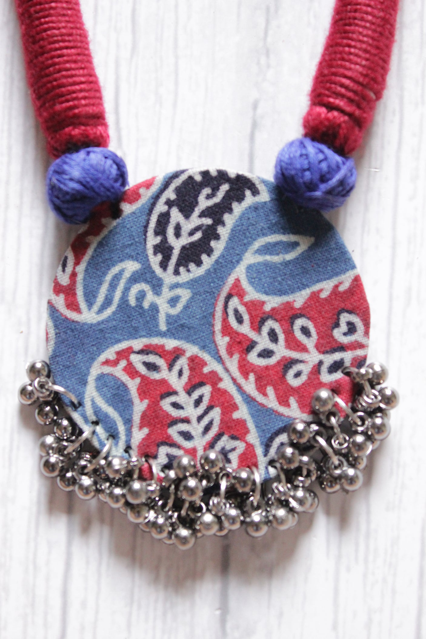 Indigo and Maroon Block Printed Fabric and Metal Ghungroos Adjustable Closure Necklace Set