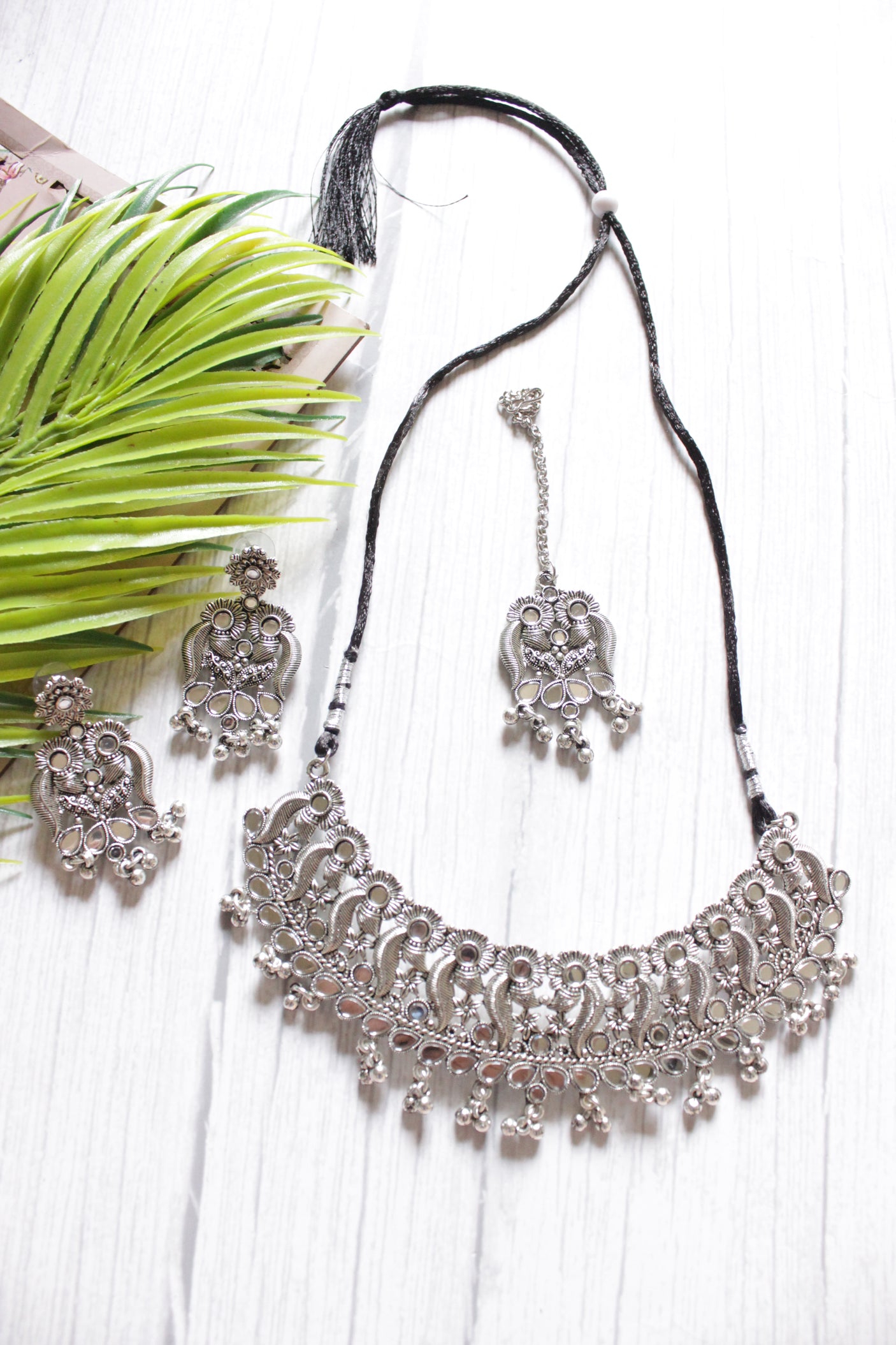 Set of 3 Silver Finish Mirror Work Necklace Set and Maang Tika
