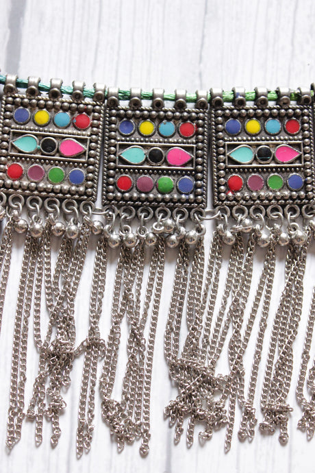 Multi-Color Enamel Painted Oxidised Finish Metal Choker with Chain Strings
