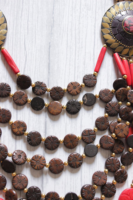 Brown and Red Circular Bone Beads Handcrafted Multi-Layer African Tribal Necklace