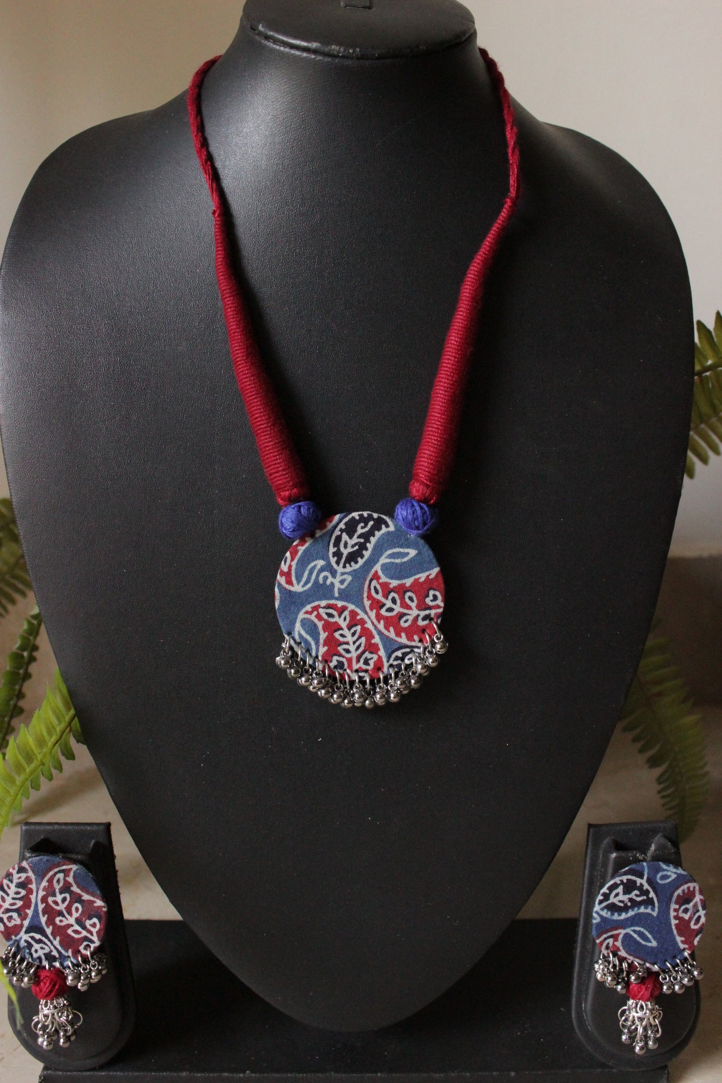 Indigo and Maroon Block Printed Fabric and Metal Ghungroos Adjustable Closure Necklace Set