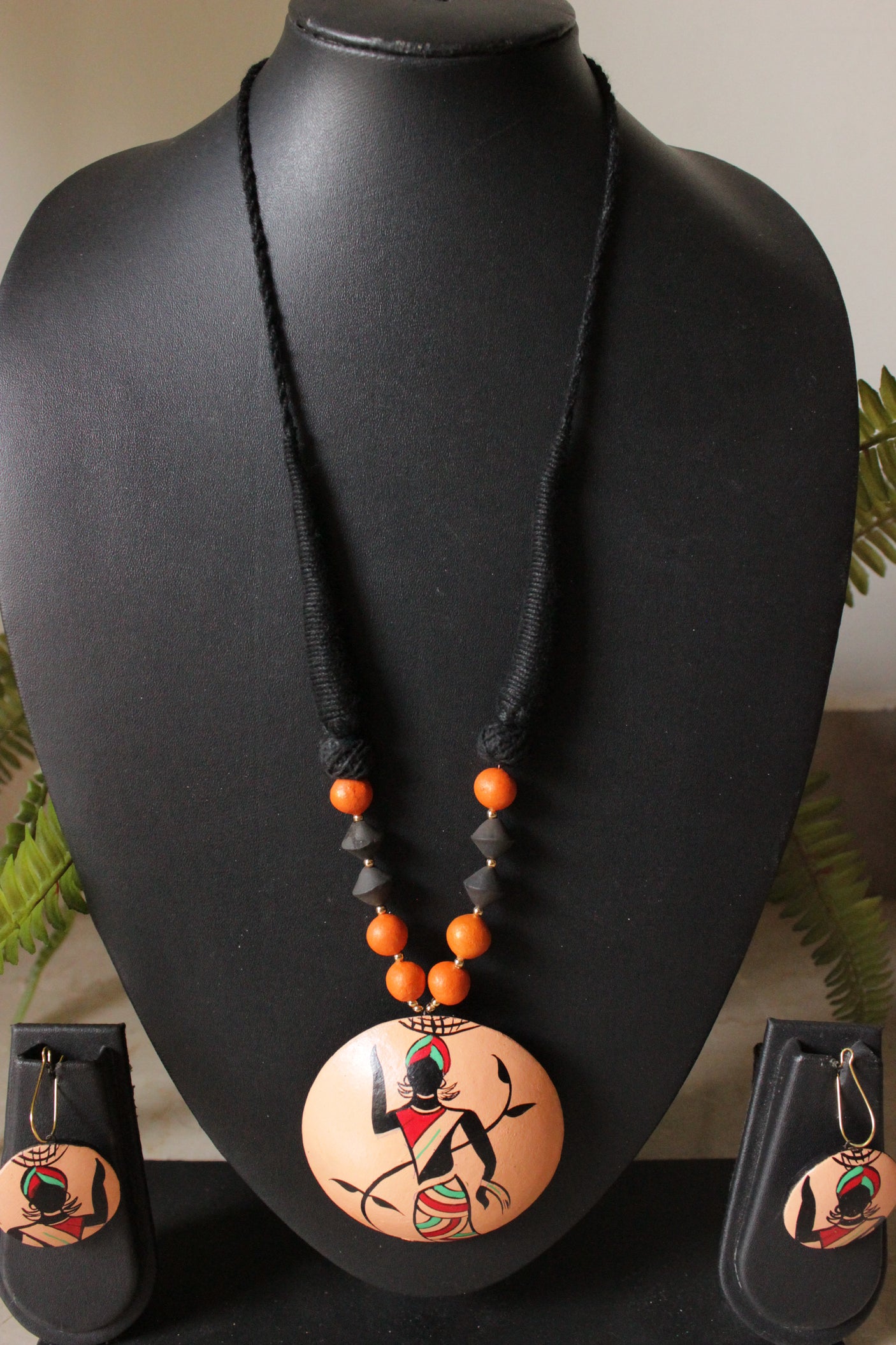 Peach Terracotta Clay Pendant Tribal Woman Printed Adjustable Closure Necklace Set