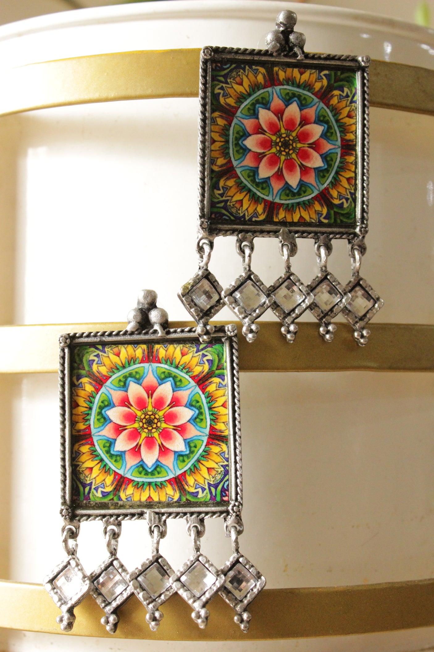 Hand Painted Flower Motifs Oxidised Finish Dangler Earrings