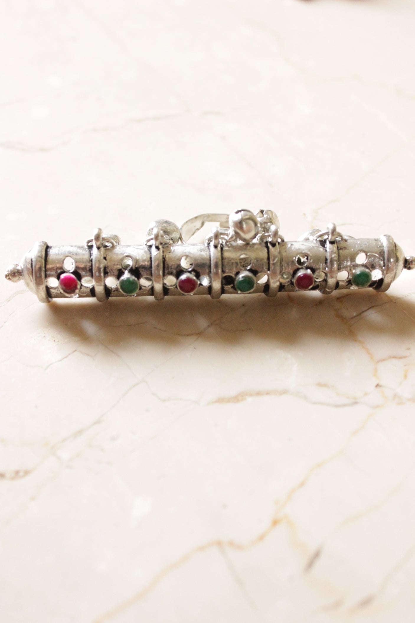 Red and Green Stones Embedded Oxidised Finish Adjustable Tribal Ring