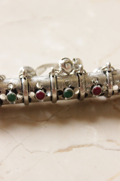 Red and Green Stones Embedded Oxidised Finish Adjustable Tribal Ring