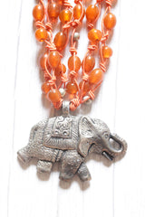 Orange Glass Beads Braided in Rope Threads with Statement Elephant Pendant Boho Necklace