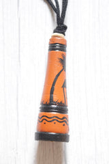 Orange Hand Painted Tribal Motifs Terracotta Clay Conical Pendant Adjustable Thread Closure Necklace Set