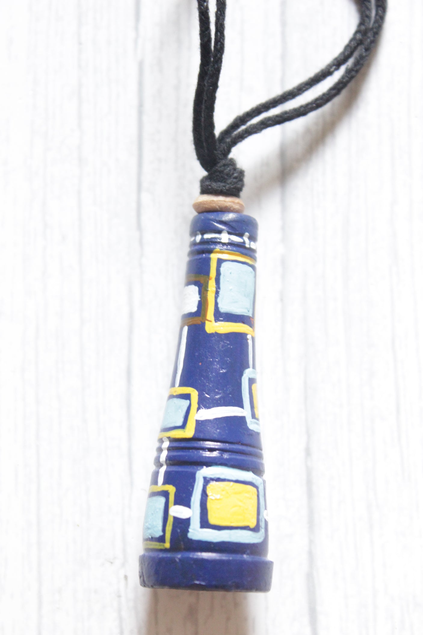 Blue Hand Painted Geometric Motifs Terracotta Clay Conical Pendant Adjustable Thread Closure Necklace Set