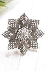 Intricate Big Flower Pattern Adjustable Size Oxidised Finish Statement Cocktail Ring