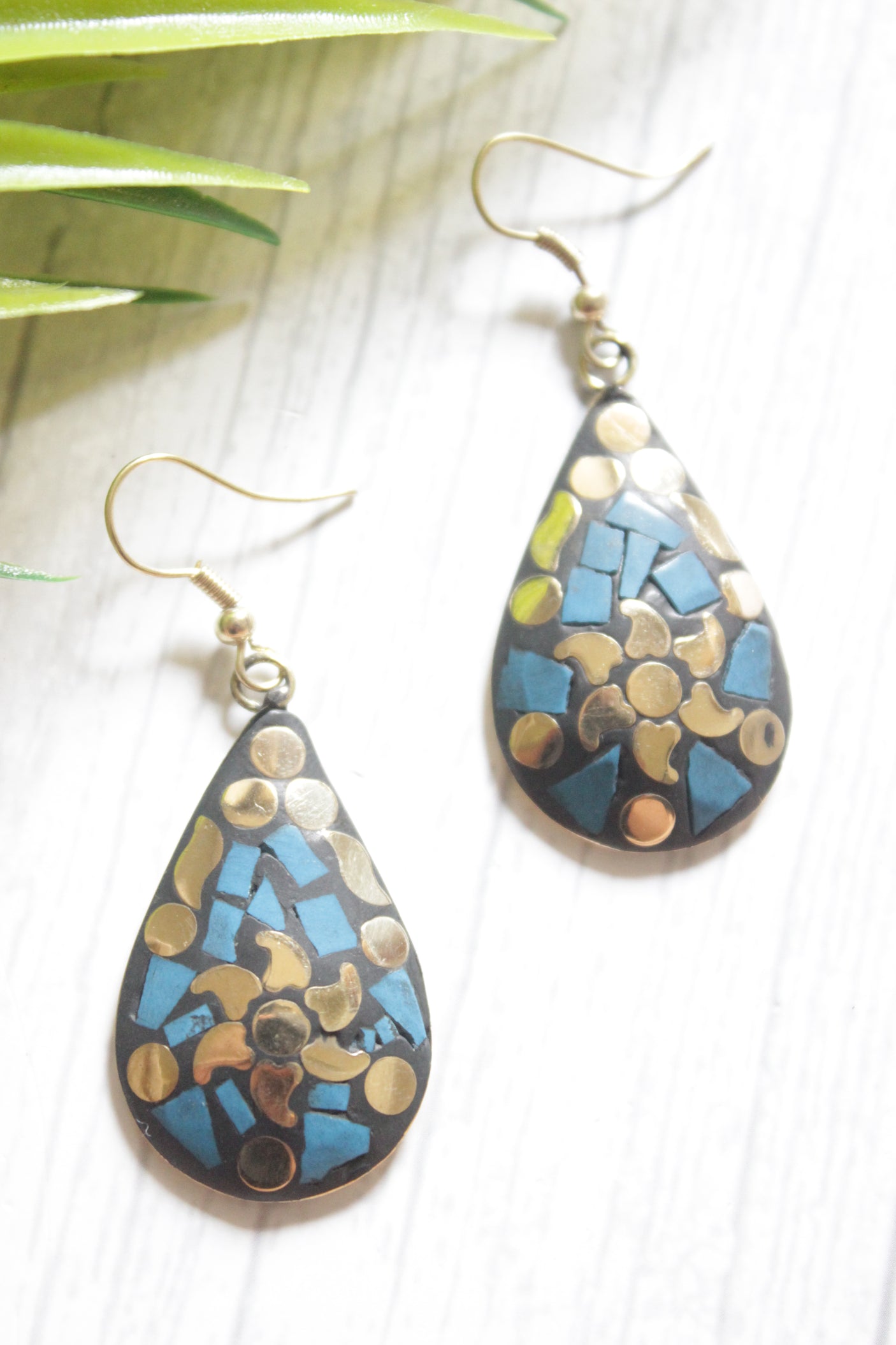 Black and Blue with Hints of Gold Tibetan Dangler Earrings