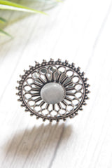 Grey Center Stone Intricate Flower Pattern Adjustable Size Oxidised Finish Statement Cocktail Ring