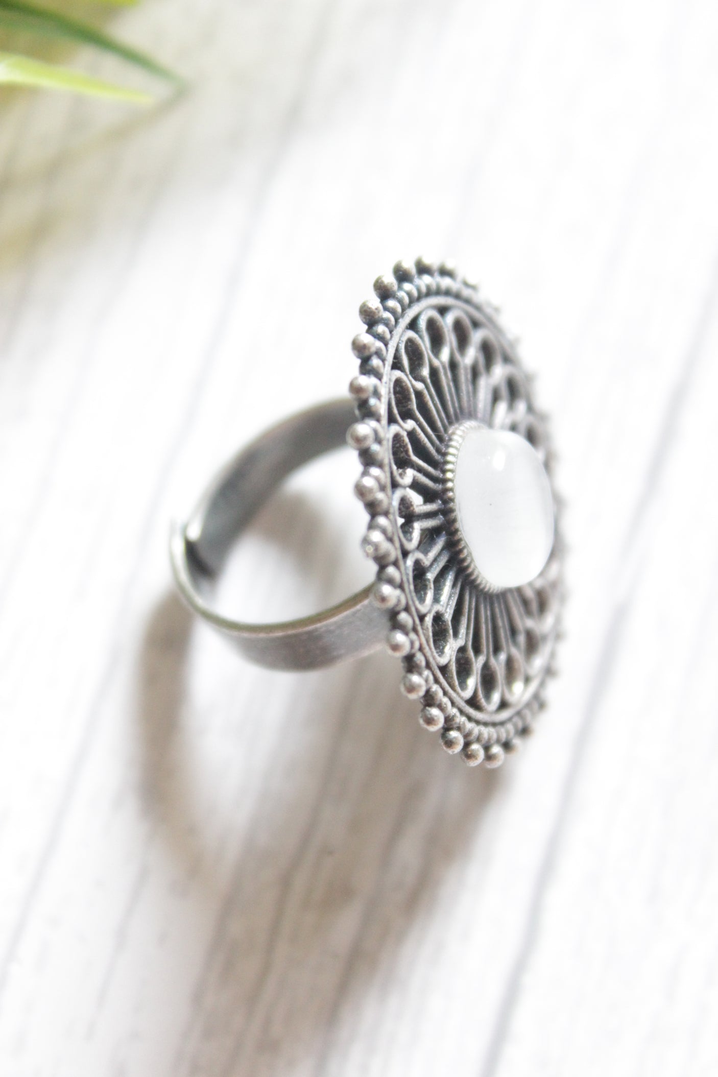 Grey Center Stone Intricate Flower Pattern Adjustable Size Oxidised Finish Statement Cocktail Ring