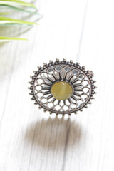 Yellow Center Stone Intricate Flower Pattern Adjustable Size Oxidised Finish Statement Cocktail Ring