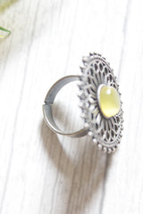 Yellow Center Stone Intricate Flower Pattern Adjustable Size Oxidised Finish Statement Cocktail Ring