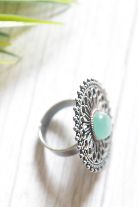 Blue Center Stone Intricate Flower Pattern Adjustable Size Oxidised Finish Statement Cocktail Ring