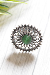 Green Center Stone Intricate Flower Pattern Adjustable Size Oxidised Finish Statement Cocktail Ring