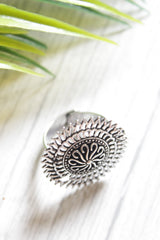 Intricate Flower Pattern Adjustable Size Oxidised Finish Statement Cocktail Ring