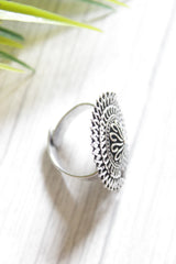 Intricate Flower Pattern Adjustable Size Oxidised Finish Statement Cocktail Ring