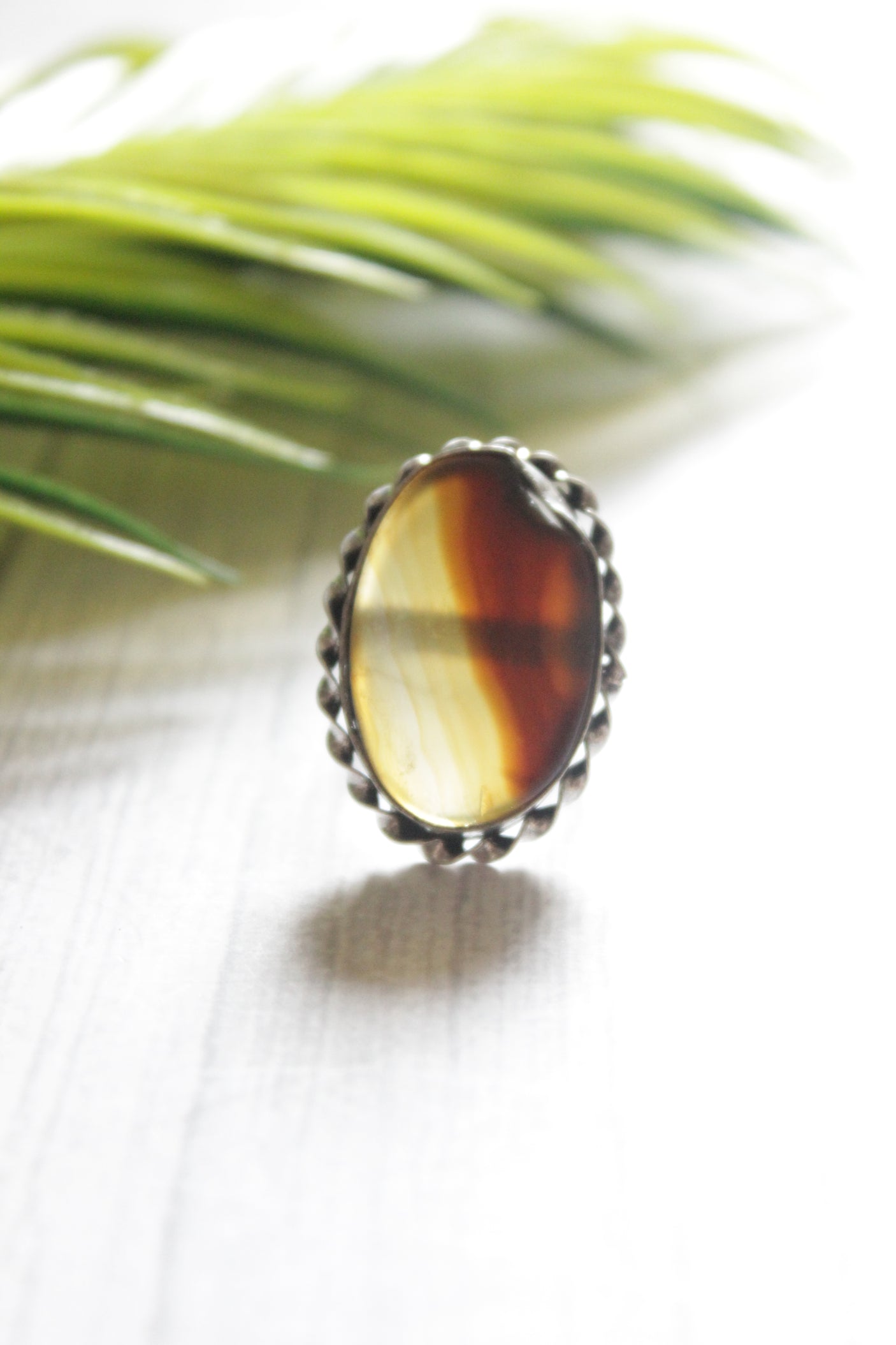 Brown Shaded Center Stone Oval Adjustable Size Oxidised Finish Statement Ring