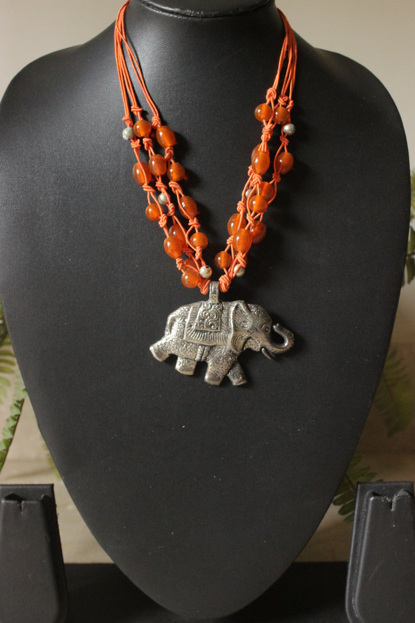 Orange Glass Beads Braided in Rope Threads with Statement Elephant Pendant Boho Necklace