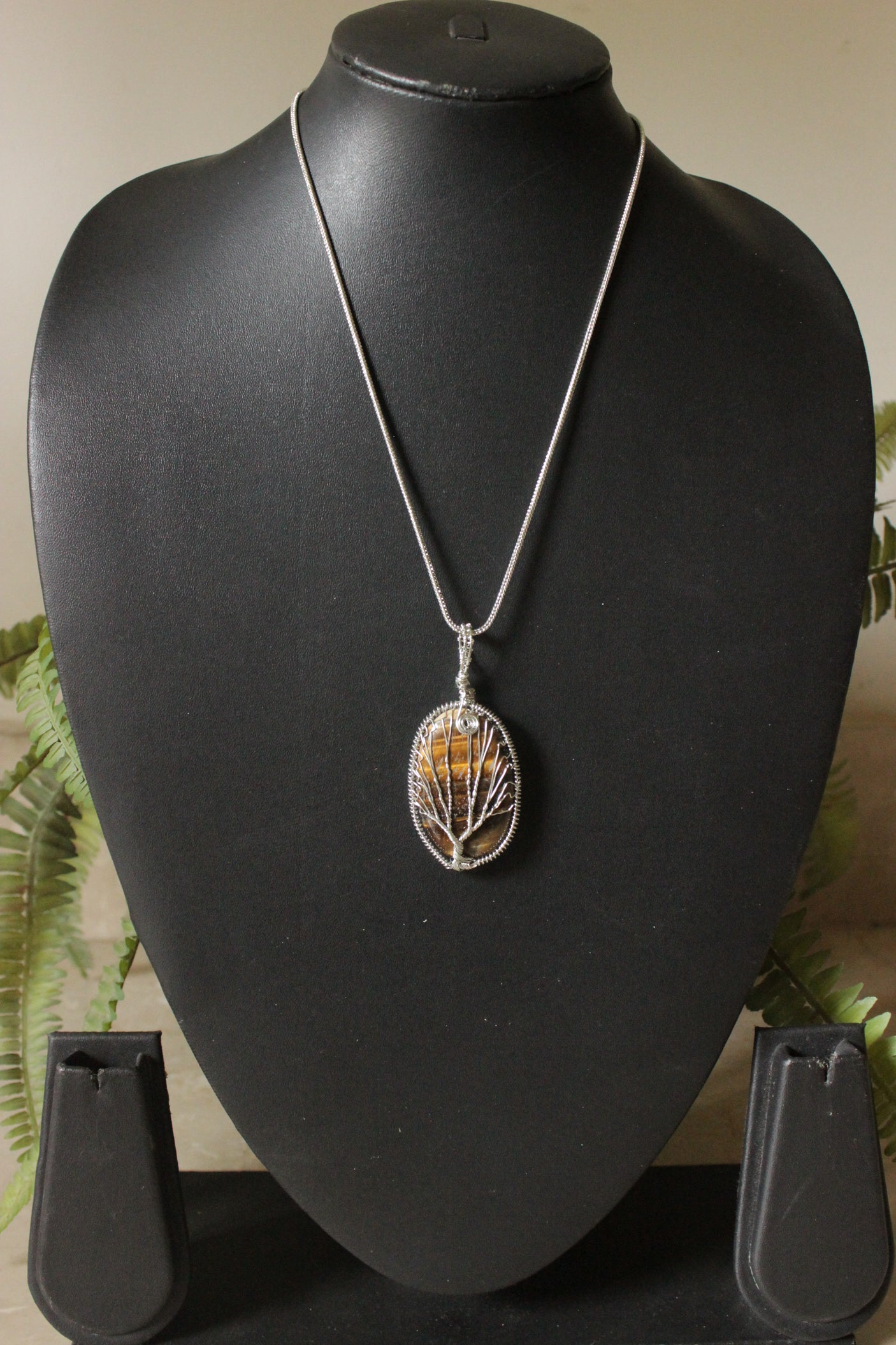 7 Chakra Tree of Life Wrapped on Shaded Brown Natural Gemstone Pendant Brass Chain Necklace