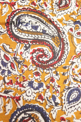 Yellowish Orange with Red and Purply Blue Kalamkari Pattern Digital Print Premium Cotton Fabric with Peacock Motifs