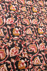 Dune Black with Mustard and Red Earthy Tones Kalamkari Pattern Digital Print Premium Cotton Fabric with Flower Motifs