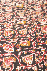 Dune Black with Mustard and Red Earthy Tones Kalamkari Pattern Digital Print Premium Cotton Fabric with Flower Motifs