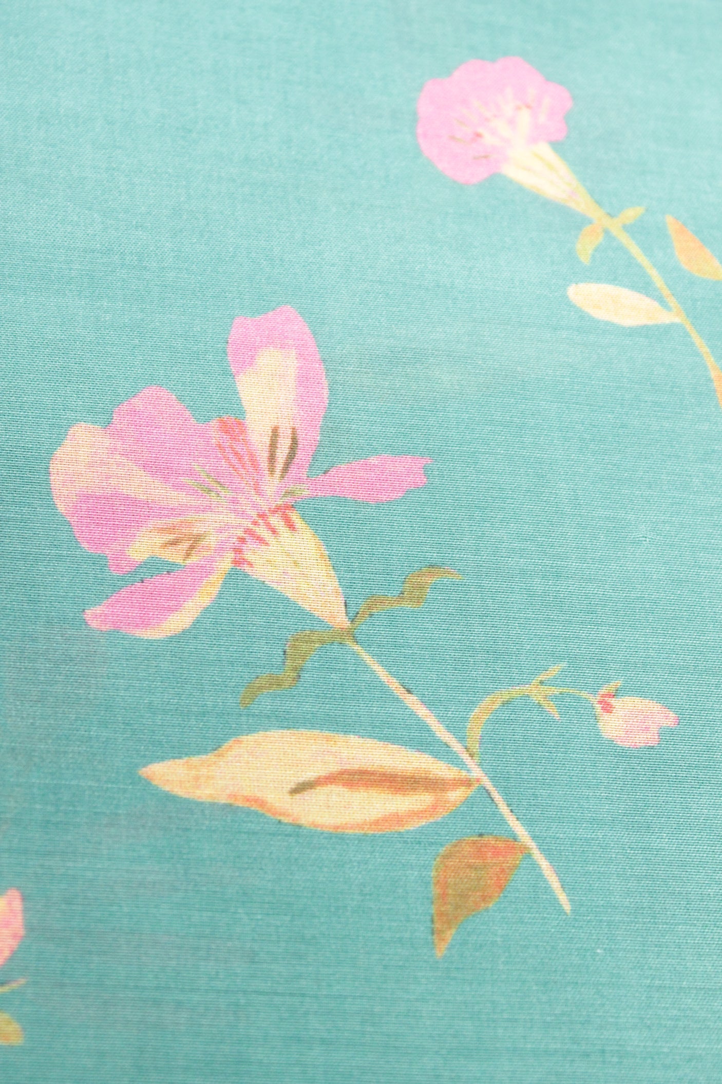 Cyan with Earthy Pink and Yellow Floral Block Printed Digital Print Premium Cotton Fabric