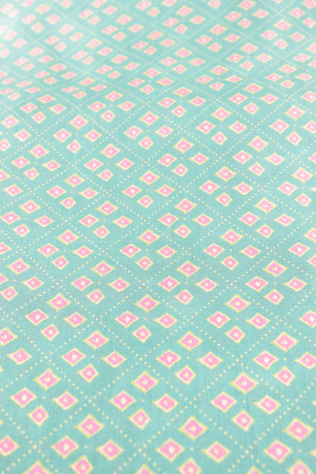 Cyan with Dusty Pink and Earthy Yellow Floral Block Printed Digital Print Premium Cotton Fabric