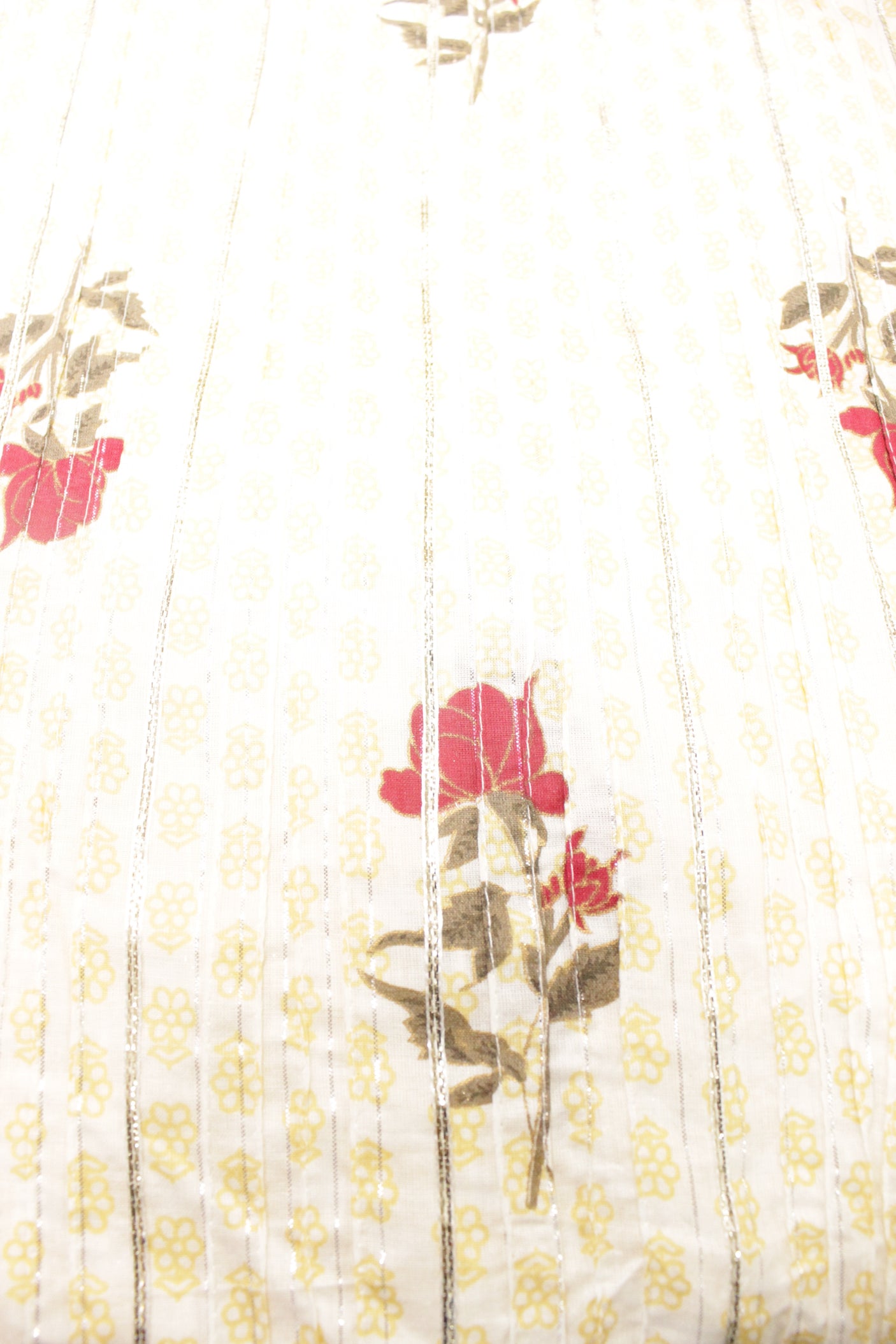 Off-White Kali Work Fabric Printed with Brick Red & Olive Green Roses with Hints of Gold Premium Cotton Fabric