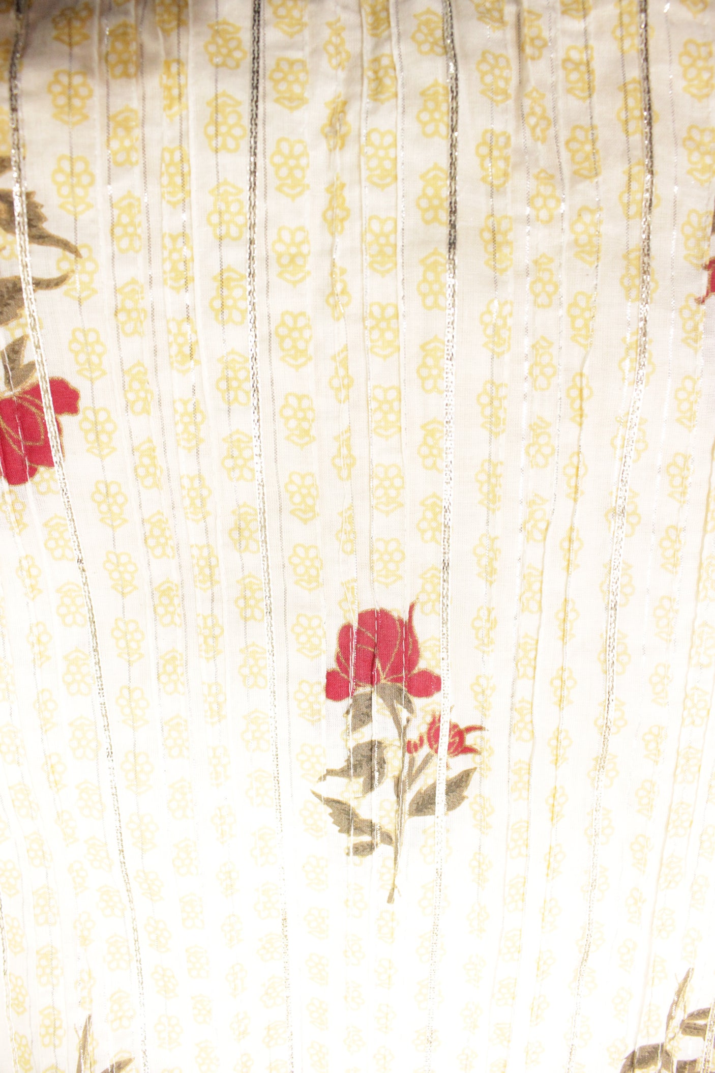 Off-White Kali Work Fabric Printed with Brick Red & Olive Green Roses with Hints of Gold Premium Cotton Fabric