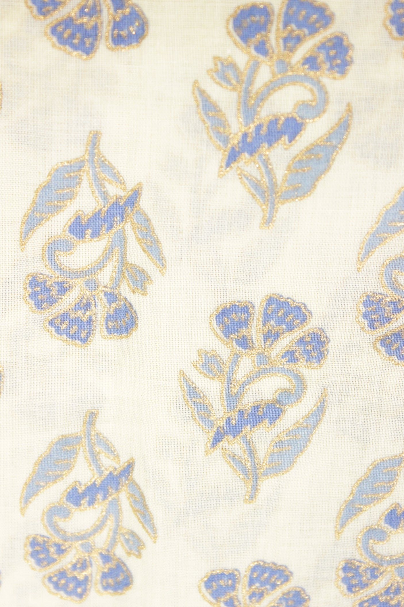 Off-White All Over Teal Blue Flowers Printed with Golden Touch Premium Cotton Unstitched Fabric