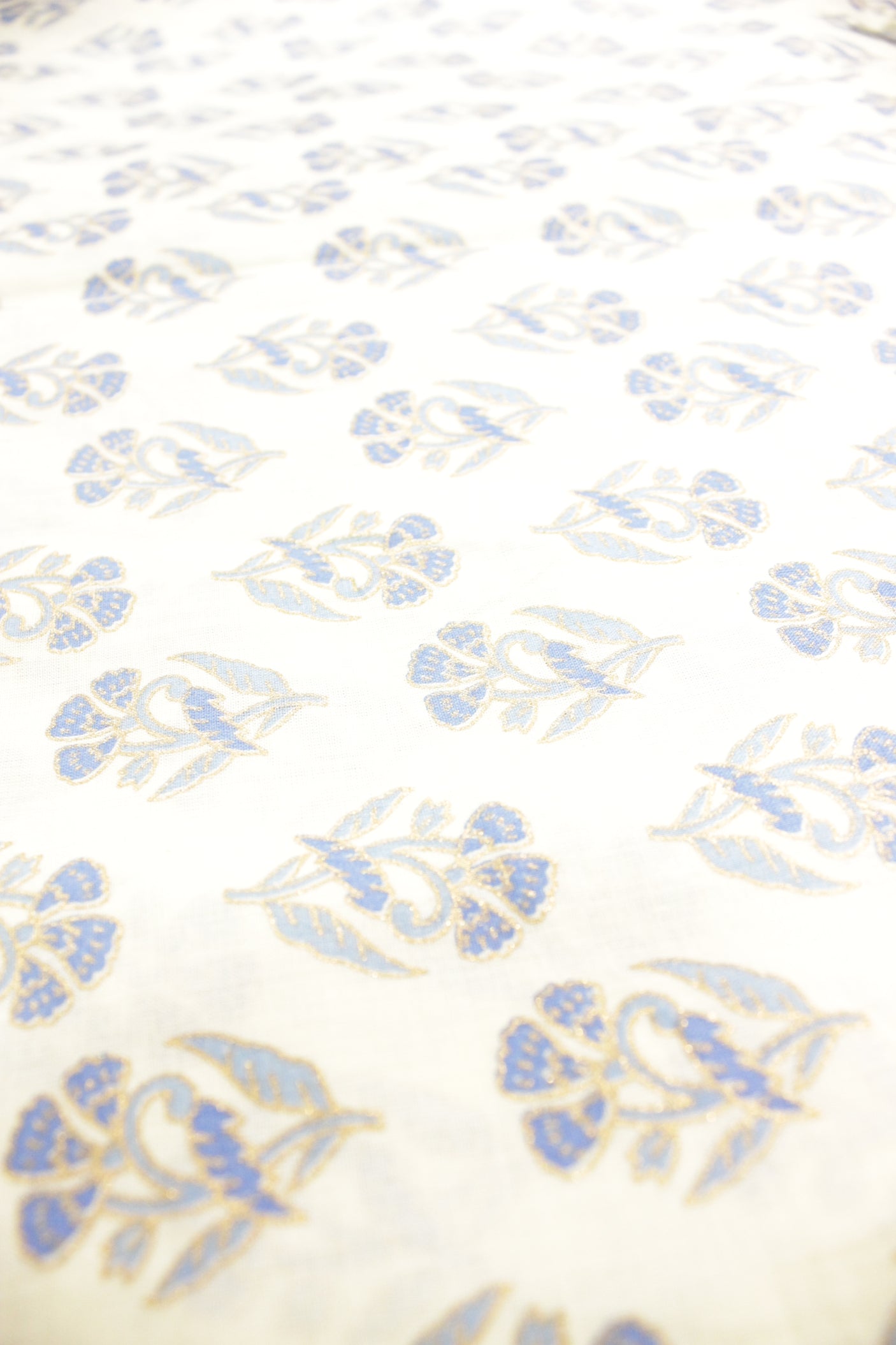 Off-White All Over Teal Blue Flowers Printed with Golden Touch Premium Cotton Unstitched Fabric