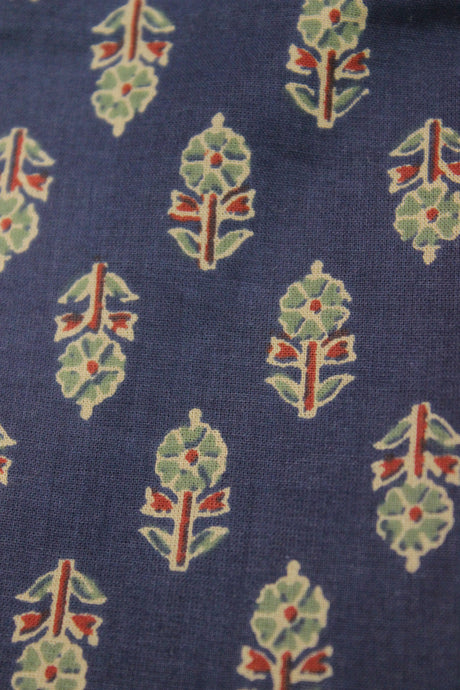 Dark Teal Blue with All Over Flowers Printed Premium Cotton Unstitched Fabric