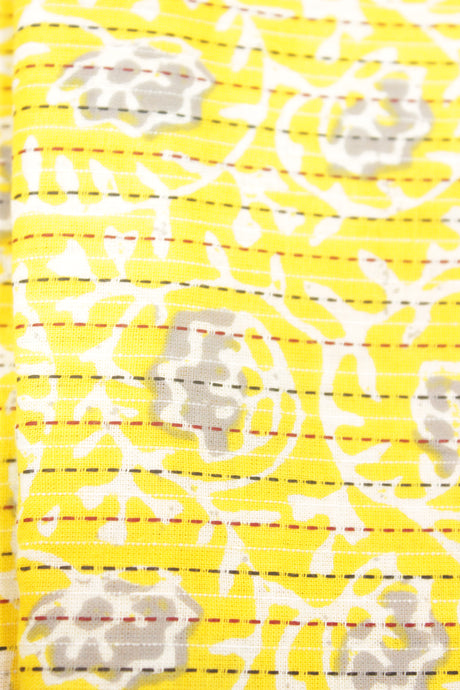 Light Yellow with All Over Dull Flowers Printed Kantha Work Premium Cotton Unstitched Fabric
