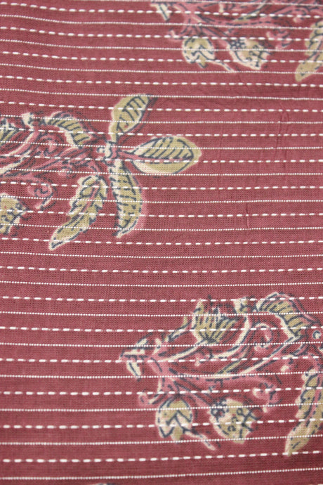 Copper Rose with All Over Flowers Printed Kantha Work Premium Cotton Unstitched Fabric