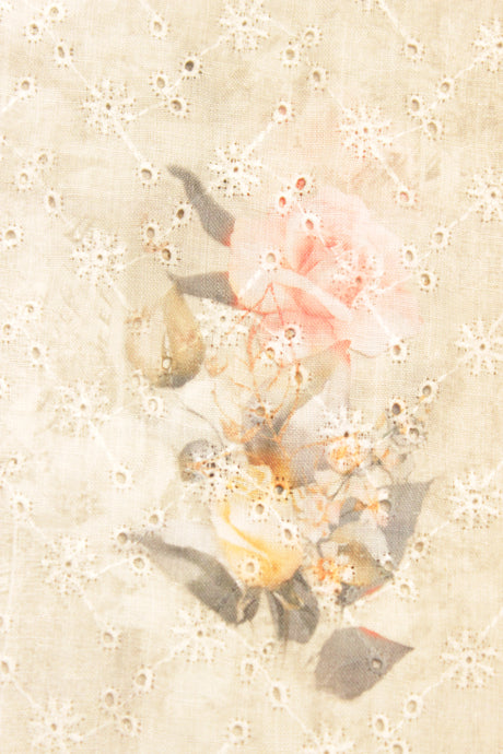 Rose White Chikankari Hand Work with Block Printed Flowers Premium Cotton Unstitched Fabric