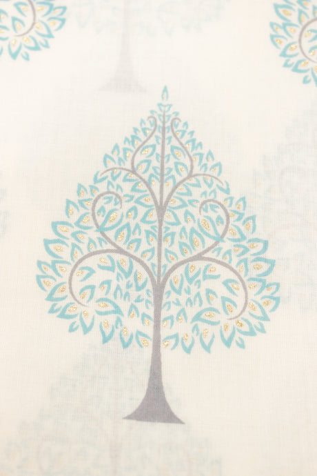 Off-White Cotton Fabric with Teal Pine Trees Printed All Over Premium Unstitched Fabric