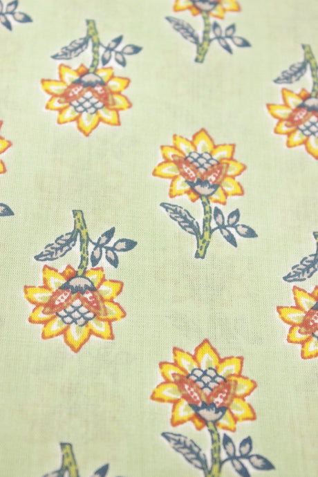 Coriander Green Cotton Fabric with Flowers Printed All Over Premium Unstitched Fabric