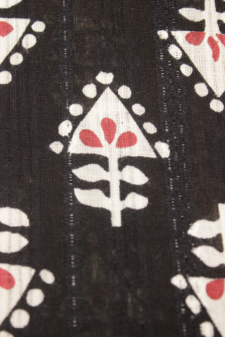 Black Cotton Fabric with Flowers Printed All Over and Kantha Work Premium Unstitched Fabric