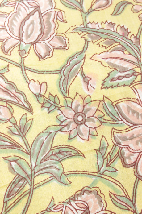 Pastel Yellow Cotton Fabric with Oyster Pink Flower Vines Printed All Over Premium Unstitched Fabric