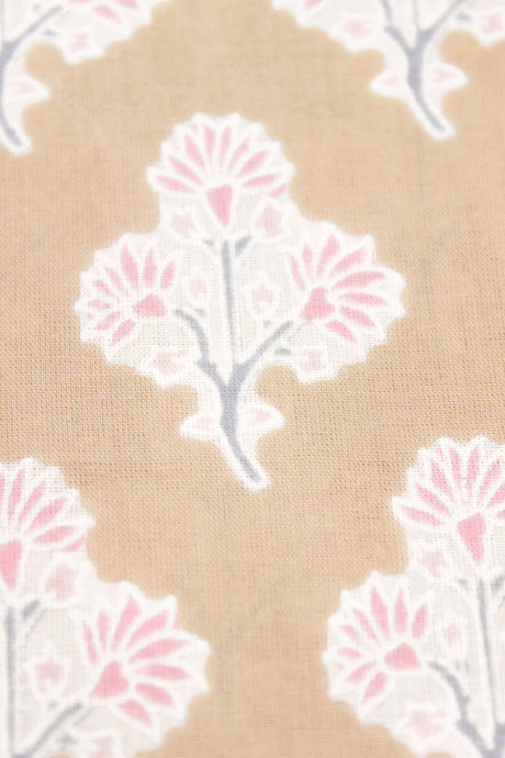 Light Brown Cotton Fabric with Pink Flowers Printed Premium Unstitched Fabric