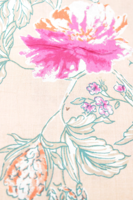 Peach Cotton Fabric with Pink & Teal Flowers Printed Premium Unstitched Fabric