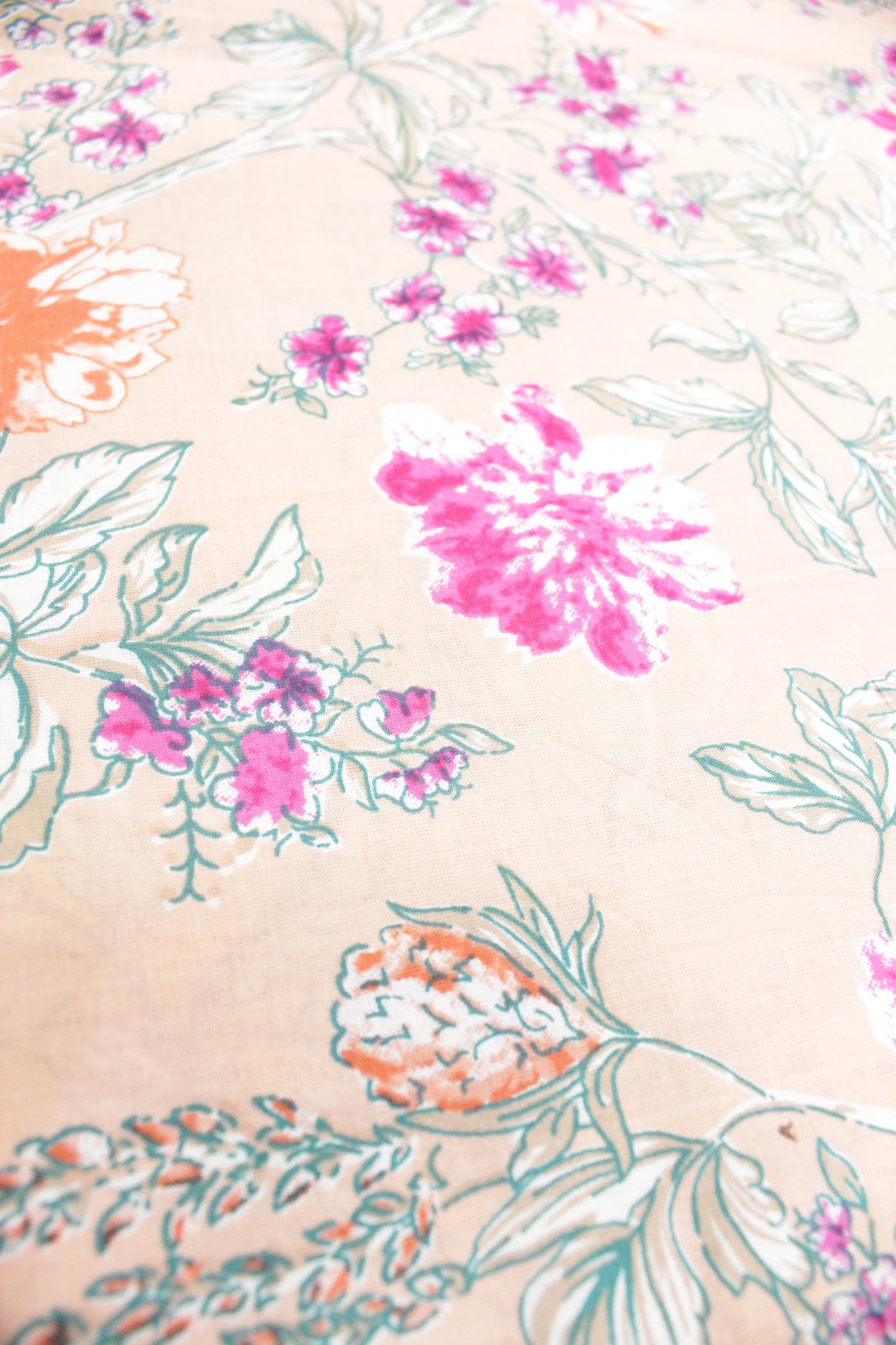 Peach Cotton Fabric with Pink & Teal Flowers Printed Premium Unstitched Fabric