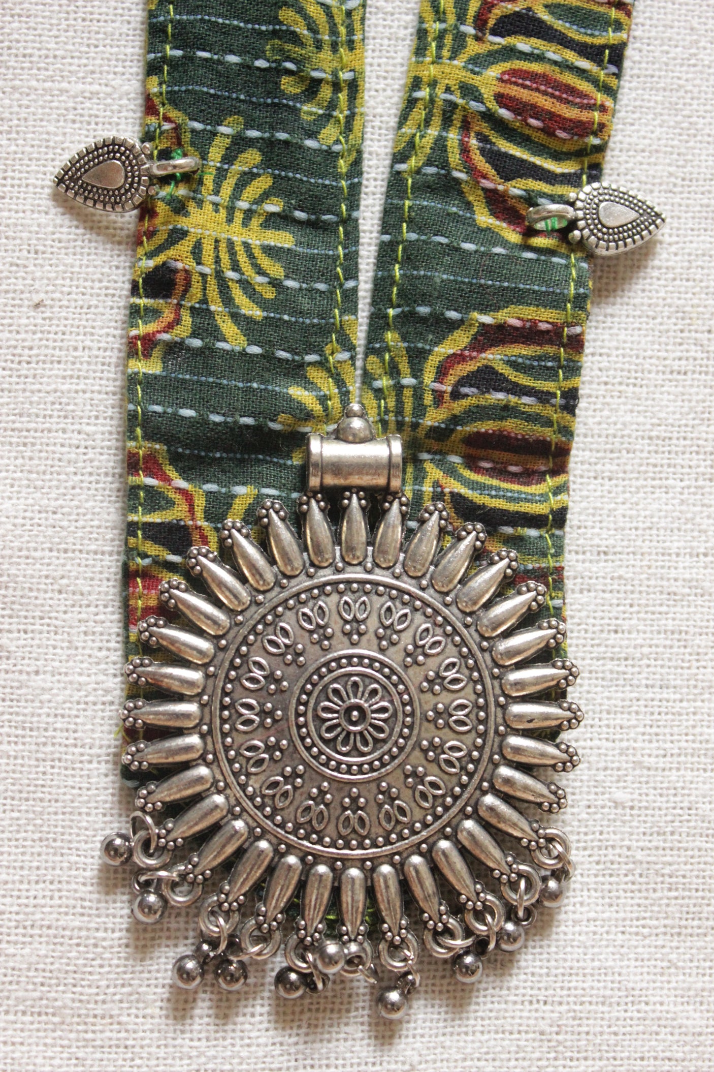 Green Block Printed Fabric Collar Necklace Set with Metal Pendant and Charms